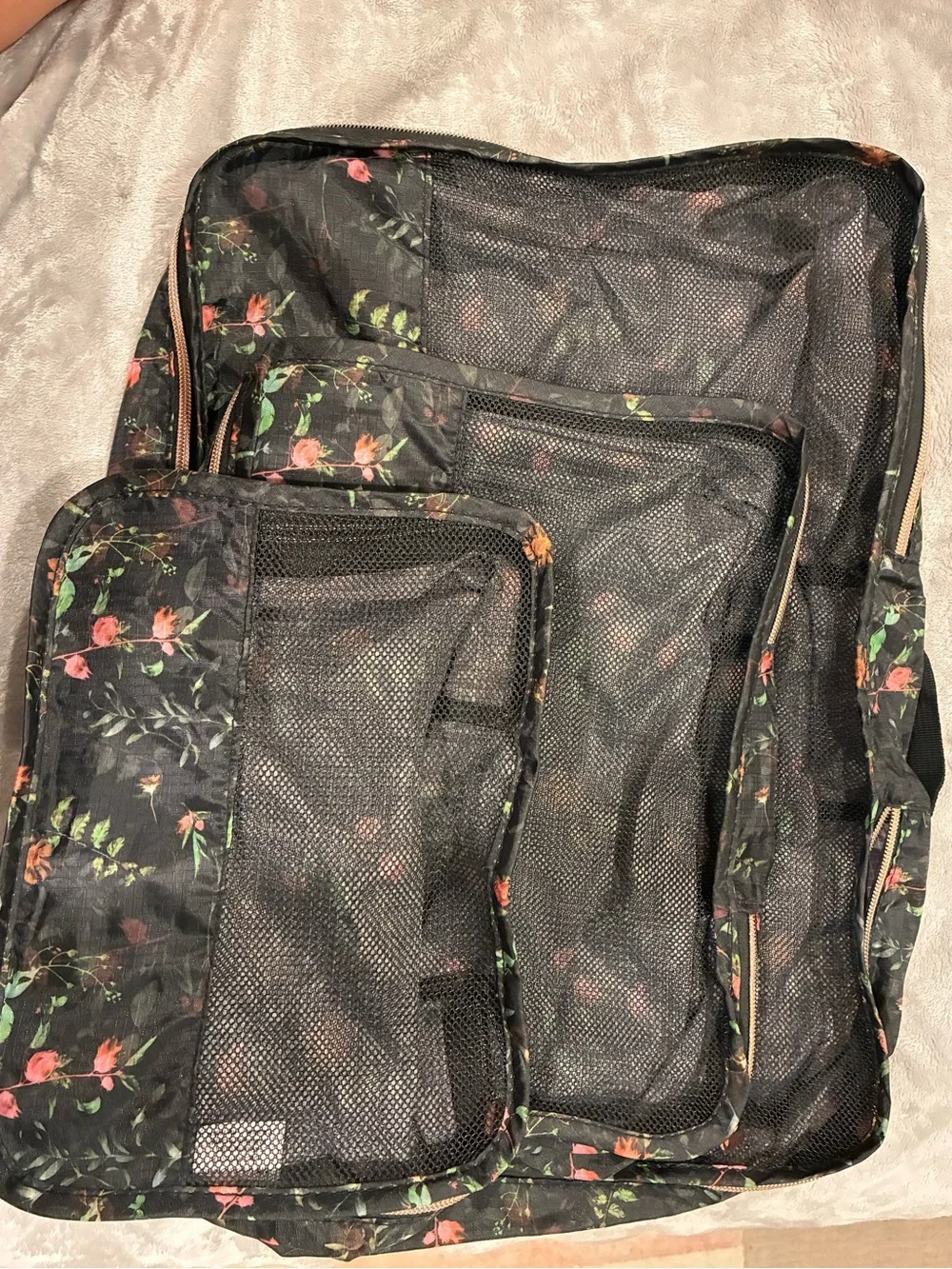 Mytagalongs travel Floral Packing Cube Set Black rose Print mesh